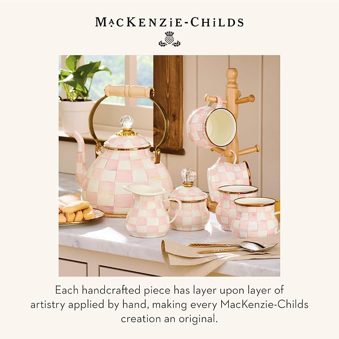 MACKENZIE-CHILDS Enamel Tea Kettle, Stylish Tea Kettle for Stovetop, Pink-and-White Rosy Check, 2 Quarts