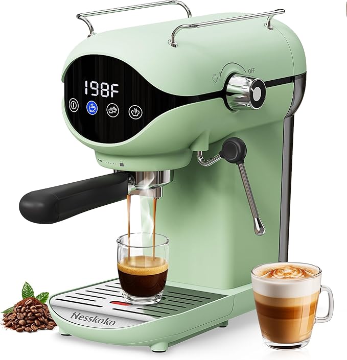 Espresso Machine with Steam Milk Frother Semi Automatic 20 Bar Compact Green with Touch Screen for home Cafetera Espresso, Latte, Cappuccino, Americano, Macchiato