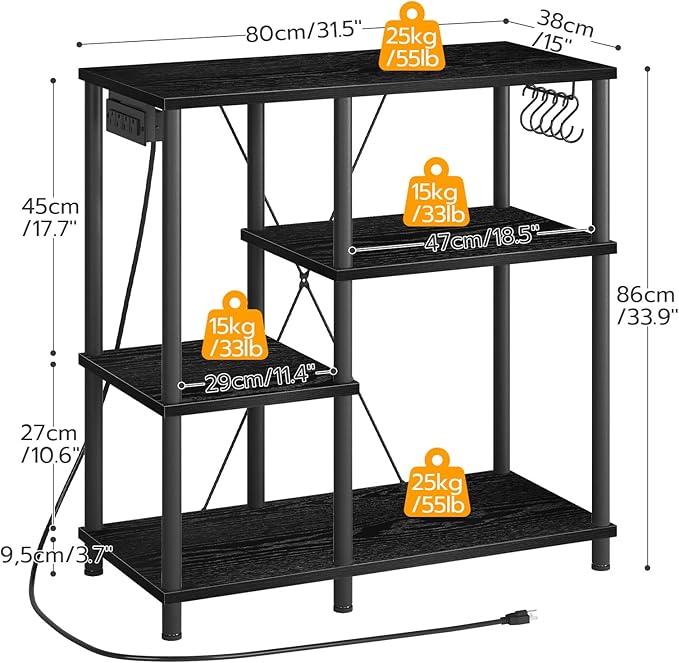 HOOBRO Bakers Rack with Power Outlet, Microwave Stand with 5 S-Shaped Hooks, Coffee Bar, Kitchen Storage Shelf, for Kitchen, Living Room, Black BB07UHB01