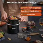 KOOC Small Slow Cooker, 0.65 Quart, Free Liners Included, Upgraded Ceramic Pot, Nutrient Loss Reduction, Sauces, Stews & Dips, Stainless Steel, Black, Round