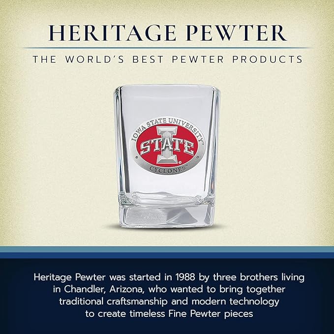 Heritage Pewter Iowa State Square Shot Glass | Hand-Sculpted 1.5 Ounce Shot Glass | Intricately Crafted Metal Pewter Alma Mater Inlay