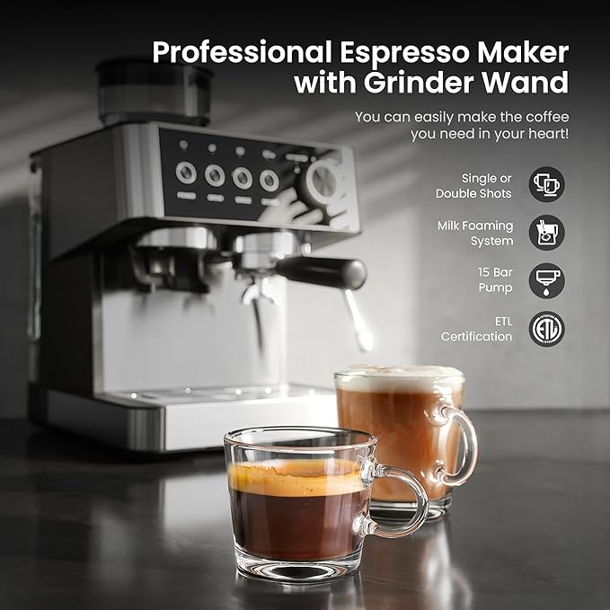 Kismile 15 Bar Espresso Machines with Grinder, Professional Espresso Maker with Removable Water Tank, Milk Frother Steam Wand for Latte&Cappuccino,Hot Water Function for Home (Black)