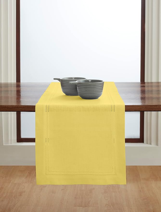 Solino Home Linen Table Runner 120 Inches Long - 100% Pure Linen Sunshine Yellow Table Runner 14 x 120 Inch for Summer - Double Hemstitch