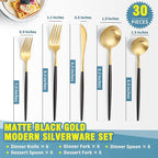 Lemeya Matte Black Gold Silverware Set for 6,Modern Stainless Steel Brushed Cutlery Set,30-Pieces Heavy Duty Flatware Set,Knives Spoons and Forks Set Utensils Set, Satin Finish, Dishwasher Safe