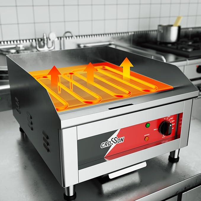 CROSSON 16"*16" Electric Chrome Plated Griddle,Commercial Countertop Flat Top Griddles with Non-Stick 2/5" Thick Iron Cooking Plate for Restaurant and home use-120V/1750W,Spatula Included