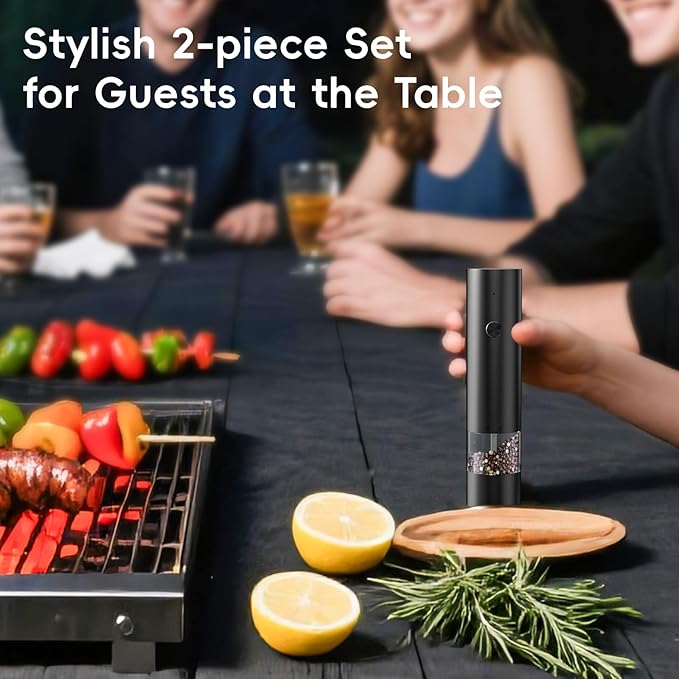 Electric Salt and Pepper Grinder Set, Mini Rechargeable Automatic Salt Pepper Shakers Mills, Adjustable Coarseness Easy Filling with Base&Cover, for Kitchen Outdoors Gift- 2 Packs, Black