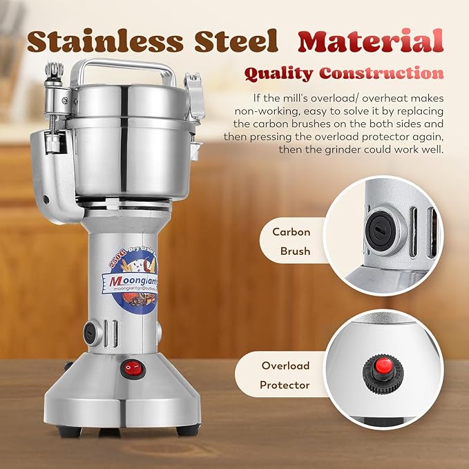 Moongiantgo 250g Safety Grain Mill Grinder 950W High-speed Electric Stainless Steel Dry Spice Grinder Pulverizer for Wheat Corn Rice Pepper Herbs Coffee Beans Dried Mushrooms, 110V