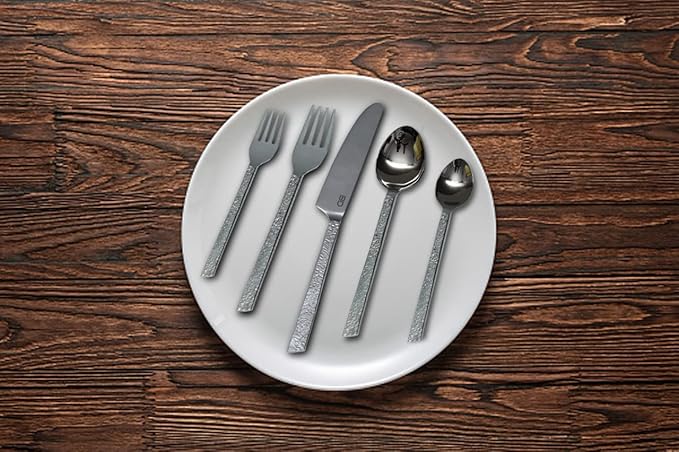 Bold & Divine Hammered Silver 5pcs Flatware Cutlery Set, Premium Stainless Steel Cutlery Set Service for 1 Include Knife/Fork/Spoon, Solid Stainless Steel Flatware