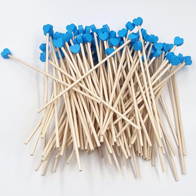 100-Piece 6Inch Rock Candy Sticks with Heart-Shaped Wooden Sticks for Lollipop, Coffee, Appetizer Skewers (Blue)
