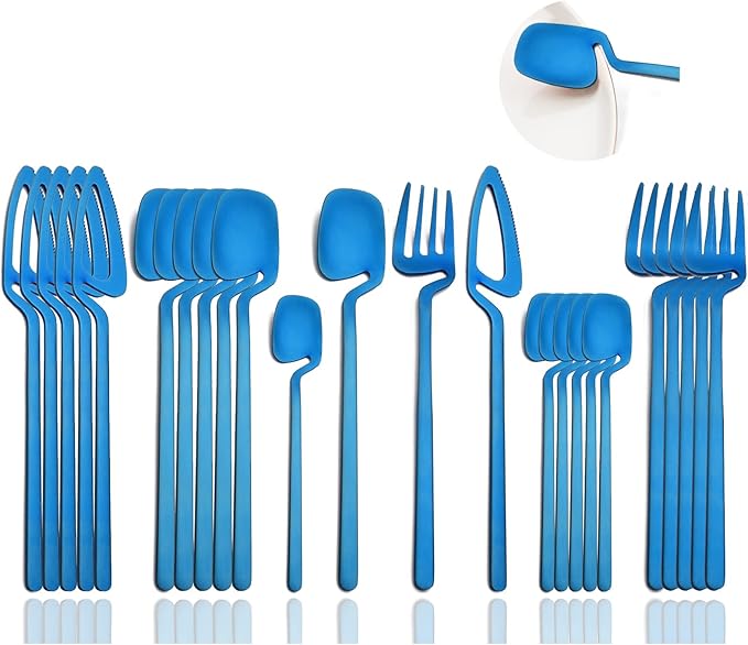 JASHII Silverware Set Satin Finish 24-Piece Stainless Steel Flatware Set Kitchen Utensil Set Service for 6 Tableware Cutlery Set Dishwasher Safe (Matte Blue)