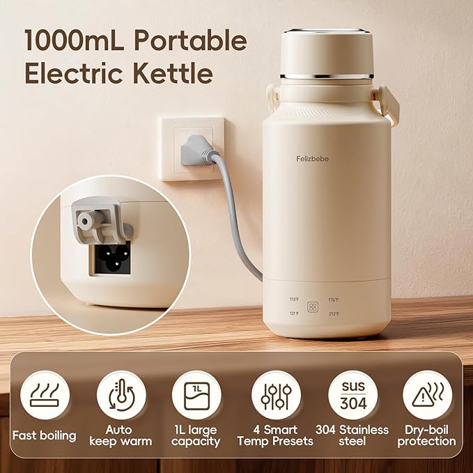 1000mL Portable Electric Kettle, 304 Stainless Steel Water Boiler with 4 Temp Settings, Keep Warm & Boil-Dry Protection, Electric Tea Kettle for Travel, Hotel, Camping (120V Outlets)