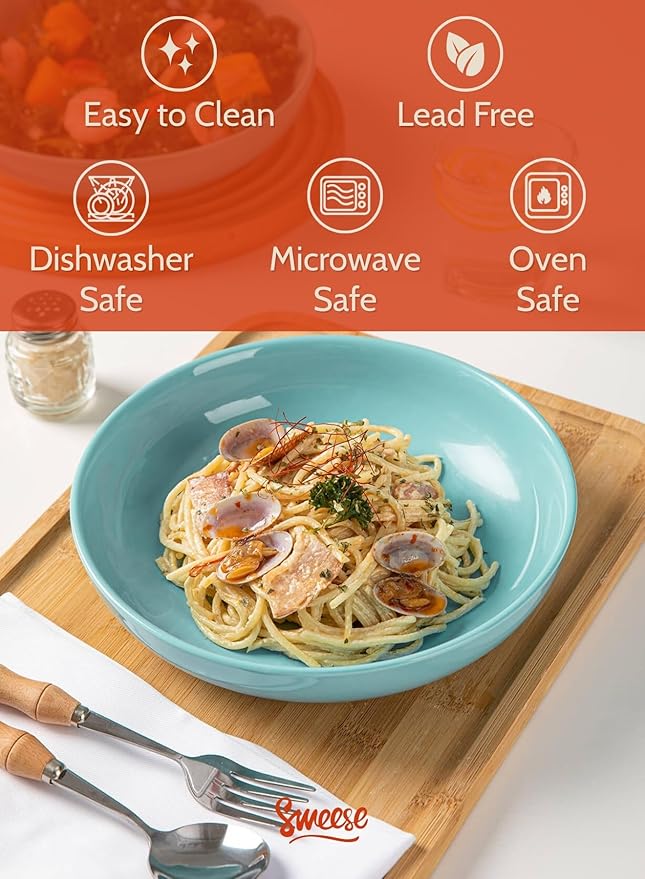 Sweese Pasta Bowls, 30 Ounce Salad Serving Bowls Set of 6, 8.4 Inch Porcelain Plates for Serving Dinner, Salad - Microwave Dishwasher Safe, Cool Assorted Colors
