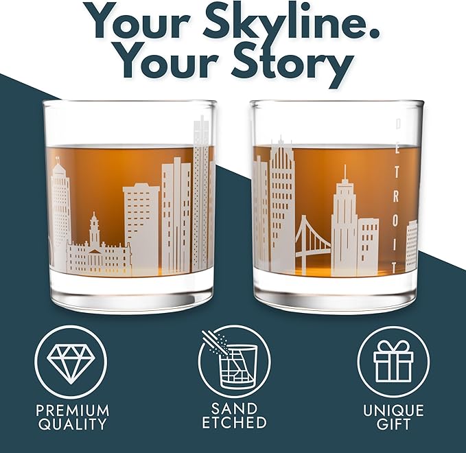 Greenline Goods – Detroit, MI Skyline Whiskey Glasses (Set of 2), 10 oz – Rocks/Old Fashioned Tumblers