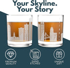 Greenline Goods – Detroit, MI Skyline Whiskey Glasses (Set of 2), 10 oz – Rocks/Old Fashioned Tumblers