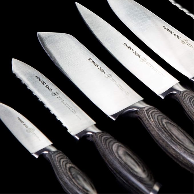 Schmidt Brothers - Bonded Ash 7-Piece Kitchen Knife Set, High-Carbon German Stainless Steel Cutlery, Ash Finish Wood Handles and Clear Acrylic Magnetic Knife Block