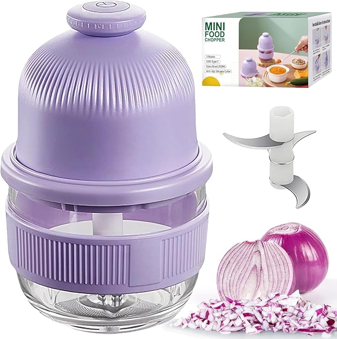Cordless Food Processor, 350ml Glass Bowl Mini Garlic Chopper Wireless, Battery Operated Electric Food Chopper, Small USB-C Rechargeable Vegetable Meat Blender Grinder, Portable Kitchen Mixer (Purple)