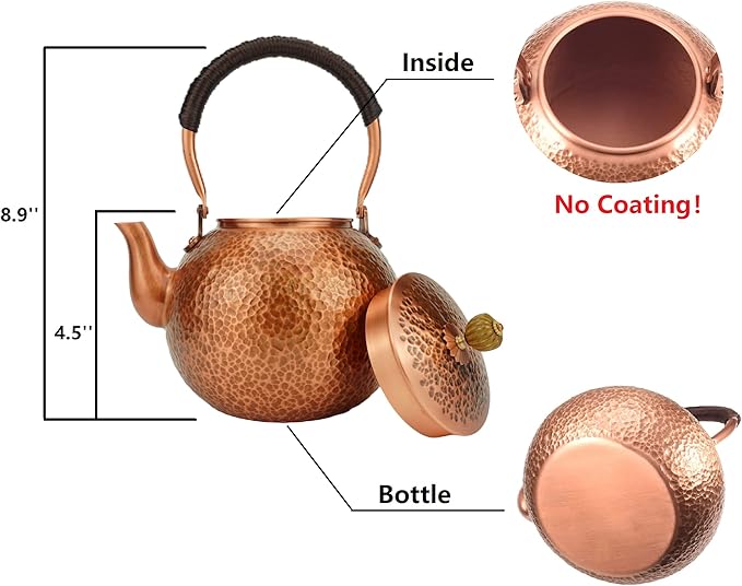 Funmaker Handmade Solid Copper Tea Pot Kettle Stovetop Teapot Thick Hammered Copper Tea Pot Kettle Stovetop Teapot Made for gasstove tops pure copper kettle (Type 3-1400ml)