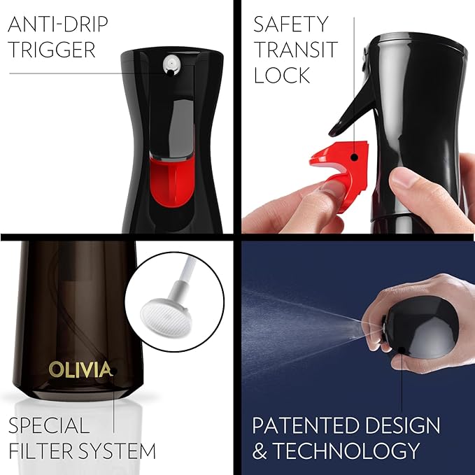 FLAIROSOL OLIVIA Oil Sprayer for Cooking, 200ml Glass Olive Oil Sprayer, Continuous Cooking Spray Dispenser with Portion Control for Kitchen, Air Fryer, Salad, BBQ (Black Bottle, Gold Print)