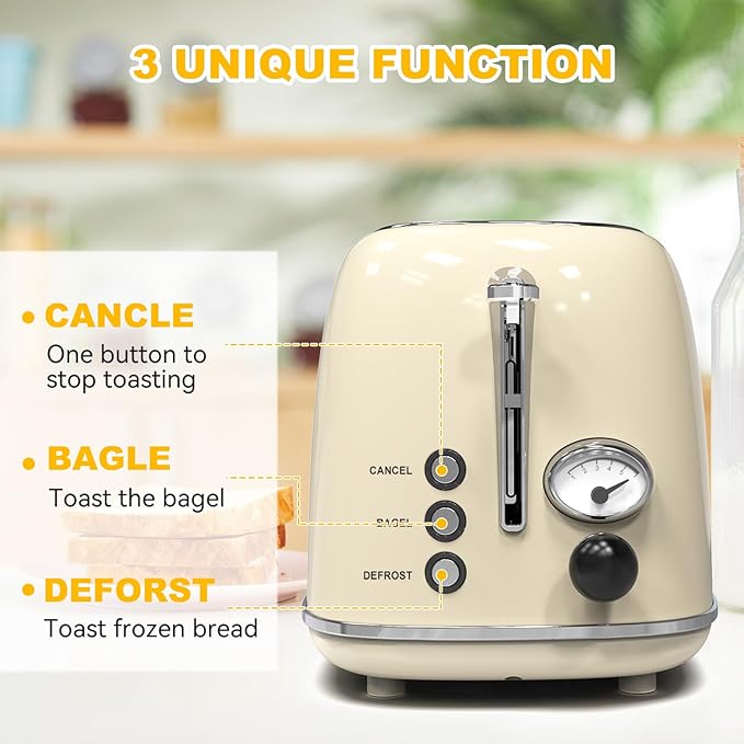 Toaster 2 slice, KitchMix Retro Stainless Steel Toaster with 6 Settings, 1.5 In Extra Wide Slots, Bagel/Defrost/Cancel Function, Removable Crumb Tray (Cream)