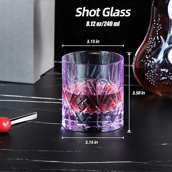KAMMAK Crystal Whiskey Glasses Set, 8.12 oz (240 ml) Purple Old Fashioned Tumbler, Hand Blown Thick Base Colored Glass with Delicate Rim & Seamless Design for Scotch, Bourbon, Cocktails
