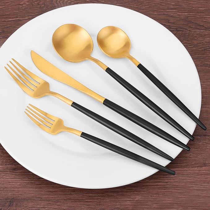 Matte Gold Silverware Set, SHARECOOK 20-Piece Stainless Steel Satin Finish Flatware Set Service for 4, Kitchen Utensil Set, Tableware Cutlery Set for Home and Restaurant, With Black Handle