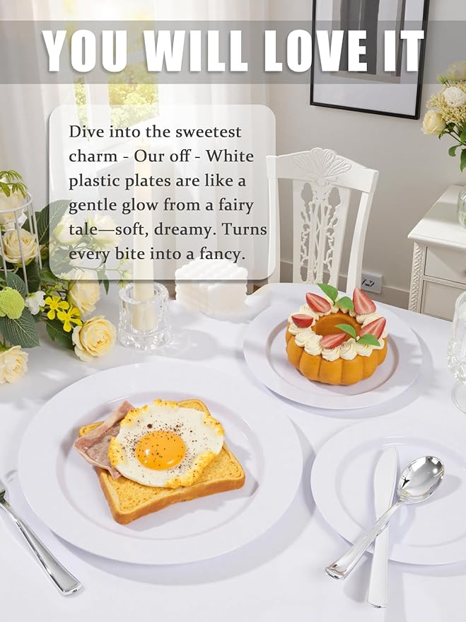 WDF 200pcs White Plastic Plates Disposable - Heavy Duty Plastic Plates for Party - Include 100 x 10" Dinner Plate and 100 x 7" Dessert/Cake Plate - Ideal for Weddings/Parties/Events