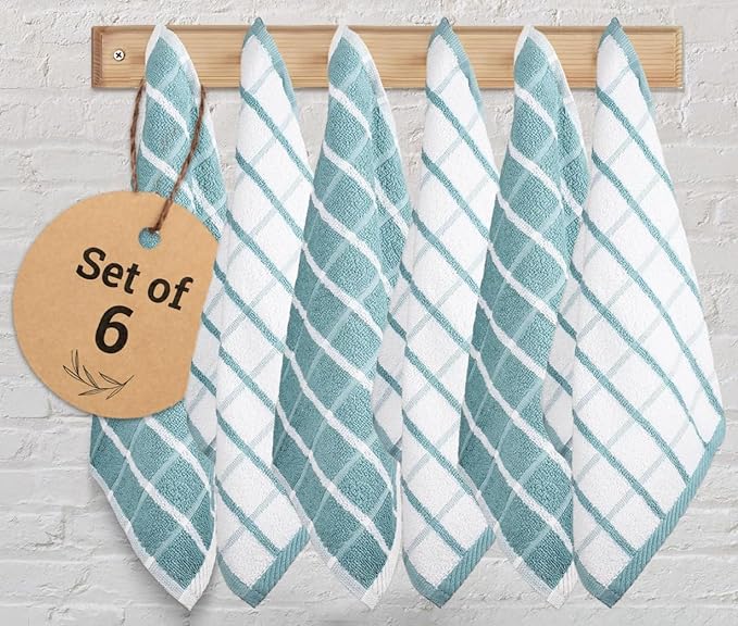 Urban Villa Dish Cloths Terry Cotton Pack of 6, Highly Absorbent Quick Drying Super Soft Premium Dish Towels for Kitchen with Hanging Loop Hand & Tea Towels - 12x12 Inch, (Aqua & White, Checks)