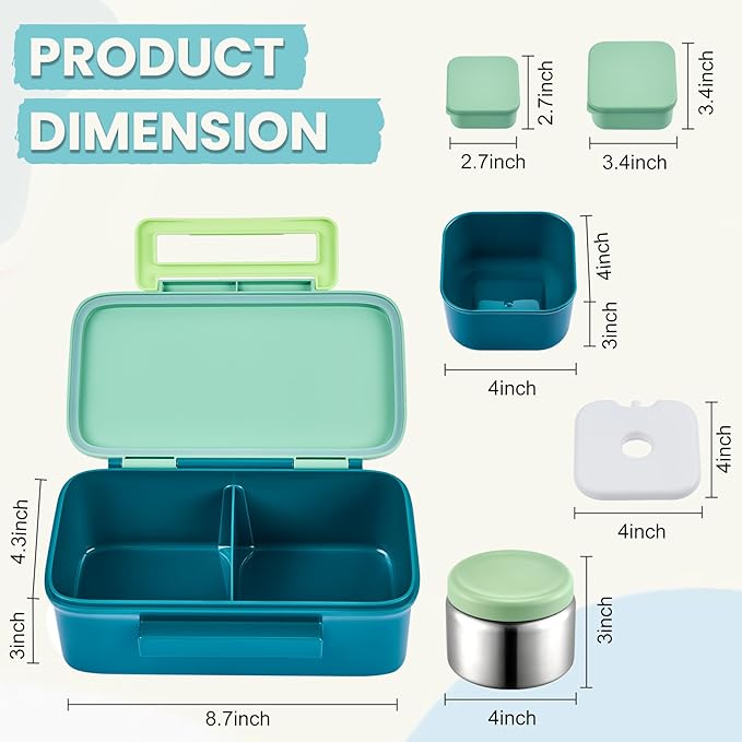 Kids Lunch Bento Box with Thermo Ice Pack Food Container with Insulated Lunch Bag, Insulated Water Bottle with Straw for Girls Boys,Green