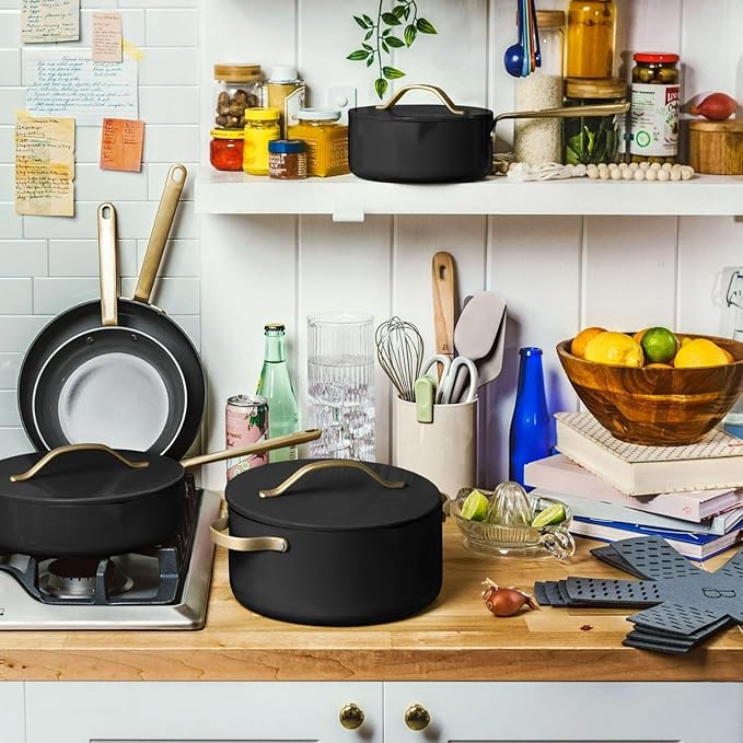Beautiful 12pc Ceramic Non-Stick Cookware Set by Drew Barrymore, Pots & Pans with Lids, Dishwasher‑Safe,Soft‑Touch Handles, Even‑Heat Base.