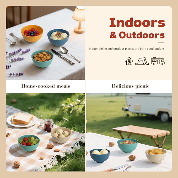 Handy Wheat Straw Bowls Set of 6,Unbreakable Ice-Cream Bowls Sets for Kids,10oz Small Dessert Bowls for Kitchen,Camping and RV.Vibrant Series