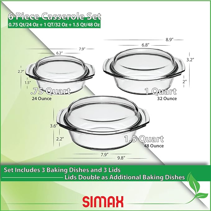 Simax Casserole Dish Set, Set of 3 Casserole Dish with Lid, Round Glass Cookware, Borosilicate Glass, Made In Europe 0.75 Quart, 1 Quart and 1.5 Quart Baking Dishes…