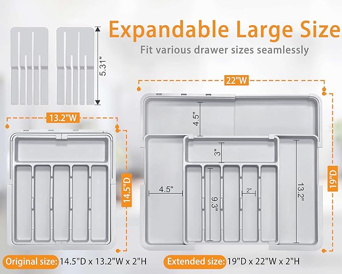 Silverware Drawer Organizer for Kitchen, Adjustable Utensil Drawer Organizer with 2 Knife Block, BPA Free Flatware and Cutlery Holder, Expandable Plastic Storage for Spoons Forks Knives(Grey)