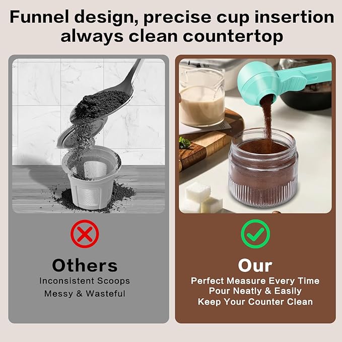 2-in-1 Coffee Scoop with Funnel, 2 Teaspoon Measuring Spoon for Reusable K Cups, Ground Coffee, Protein Powder & Tea, Mess-Free Plastic Design (Light Green)