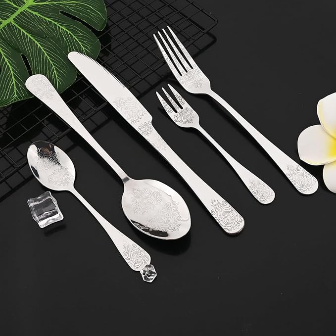 JASHII 20-piece Silverware Flatware Set Vintage Carved Floral Pattern Eating Utensils Stainless Steel Knife Fork Spoon Set Mirror Polished Dishwasher Safe - Silver