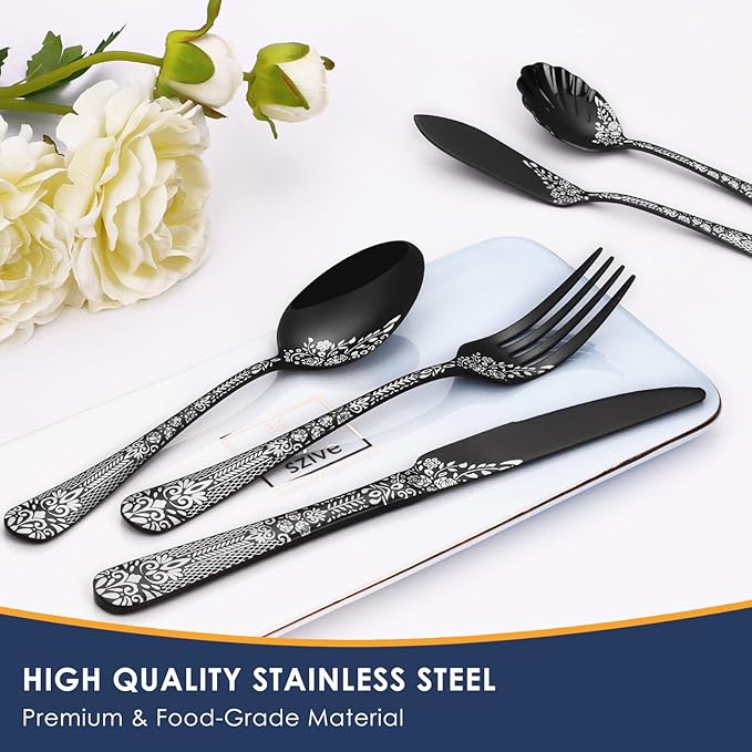 EUIRIO 53-Piece Black Silverware Set with Serving Utensils, Black Flatware Set for 8, Stainless Steel Mirror Cutlery Set, Spoons Forks Knives with Unique Floral Laser, Tableware Set, Dishwasher Safe