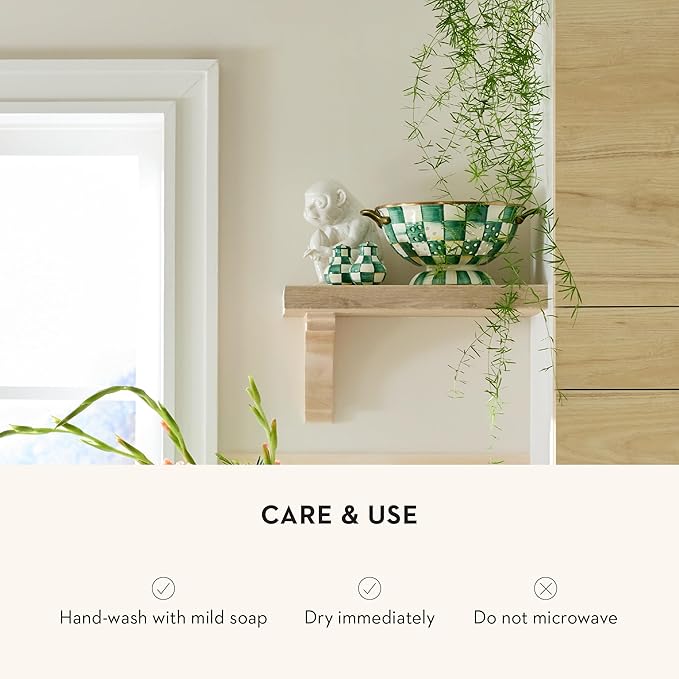 MACKENZIE-CHILDS Enamel Colander, Decorative Kitchen Strainer, Small, Green-and-White Emerald Check