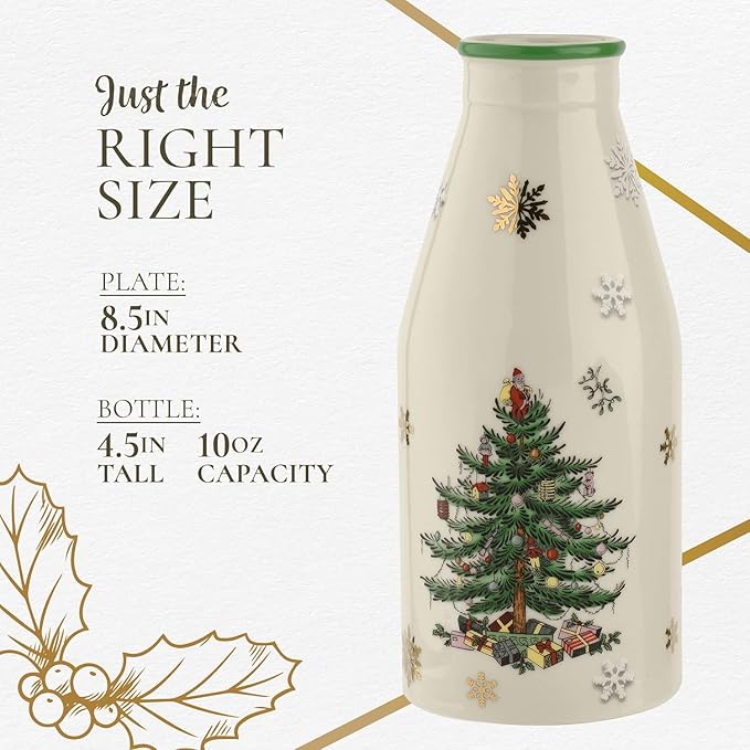 Spode Christmas Tree Plate and Bottle Set (2-Piece) - 8.5" Porcelain Cookies for Santa Plate & 10 Oz Holiday-Themed Jug, Dishwasher Safe Festive Collectible Seasonal Gift Set