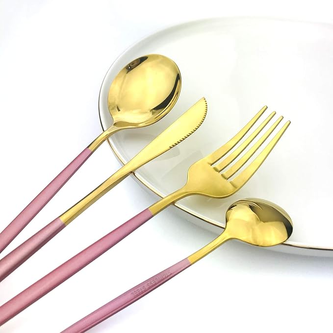 24Pcs Gold Mirror Silverware Flatware With Pink Handle, 18/0 Stainless Steel Cutlery Set Utensils Kitchen Dinnerware Include Knife Fork Spoon and Teaspoon, Service for 4