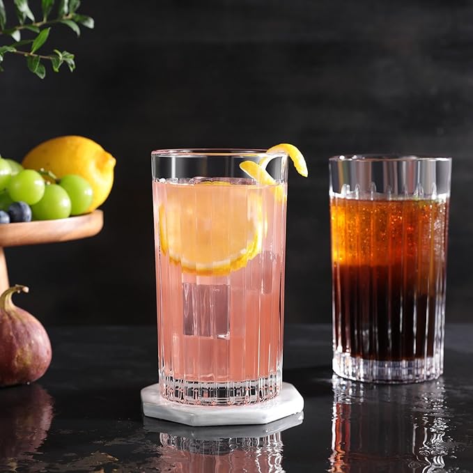 Premium VertiLine 13.5oz Highball Glasses, 6pc Tall Glass Sets. Lead-Free Crystal Drinking Glasses. Water Glasses, Mojito Glass Cups, and Mixed Drink Cocktail Glass Set. (Tall glasses)
