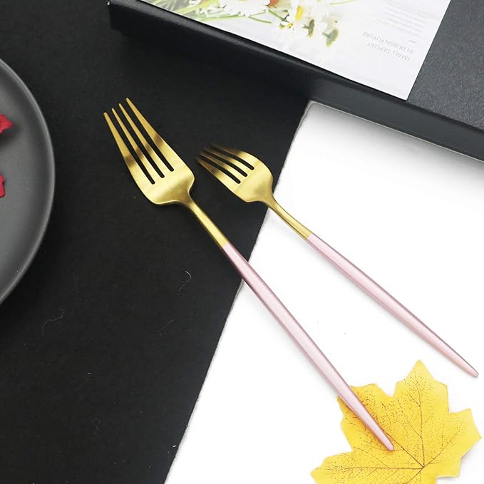 JASHII Luxury 18/10 Pink Handle Flatware Gold Silverware Set 304 Stainless Steel Flatware Cutlery Set| 6-Piece Adaline Royal Modern Satin Finish| BEST Birthday Wedding Gift (Pink Handle Matte Gold)