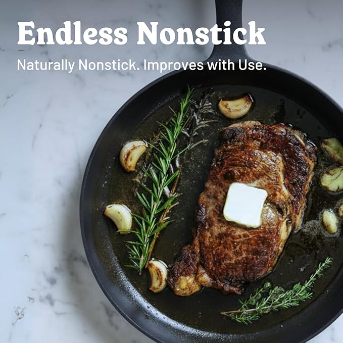 Flambo Skillet #10 - Naturally Non-Stick 10 Inch Pre-Seasoned Cast Iron Frying Pan - Smooth Nonstick Finish for Grilling, Frying, Sauteing, Searing, Baking - Use on Oven, Stove, Grill, or Campfire