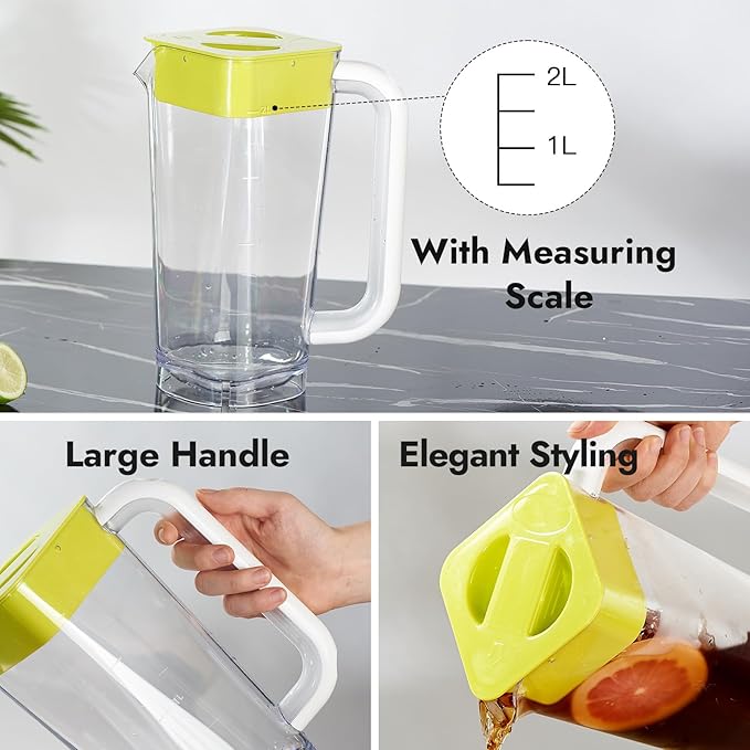 CURTA 2 Pack 2 Liters/68 oz Plastic Square Pitcher with Lid & Handle for Kitchen,ICED JUICE and Coffee Carafe Beverage Serveware, Acrylic Water Jug for Hot/Cold Drinks&lemonade