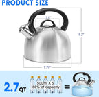 GGC Whistling Stove Top Tea Kettles, 304 Stainless Steel Tea Kettles with Anti-Heat Handle, 2.7QT/3L Tea Pot for Boiling Water, Coffee or Milk