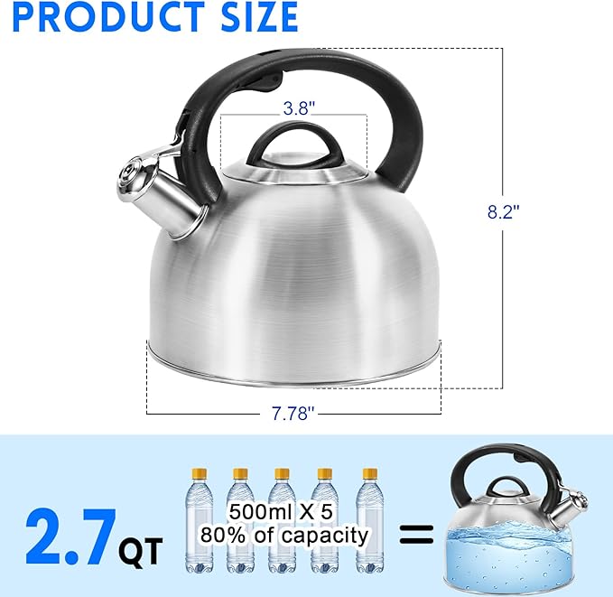 GGC Whistling Stove Top Tea Kettles, 304 Stainless Steel Tea Kettles with Anti-Heat Handle, 2.7QT/3L Tea Pot for Boiling Water, Coffee or Milk