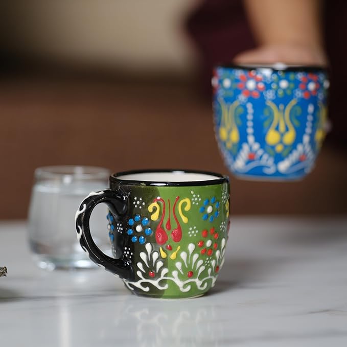 Espresso Cups Set of 2 | 4 oz Small Espresso Cups | Turkish Tea Cups | Demitasse Mugs with Handle | Modern Stackable Ceramic Espresso Mugs Set (Green/Blue)