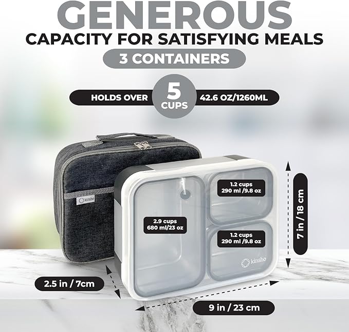 Stainless Steel Bento Lunch Box Set for Adults, Kids - Insulated Bag and Ice Pack - Leak-Proof Metal Compartment Meal Prep Food & Snack Containers for Work Travel School Daycare, 42 oz Grey Black
