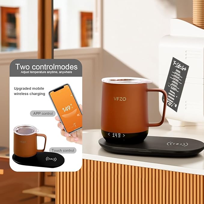 Temperature Control Smart Mug, Self Heating Coffee Mug LED Display, 180 Min Battery Life - Hot up to 149℉ Fast Wireless Charger Base Improved Design (12oz, Orange)