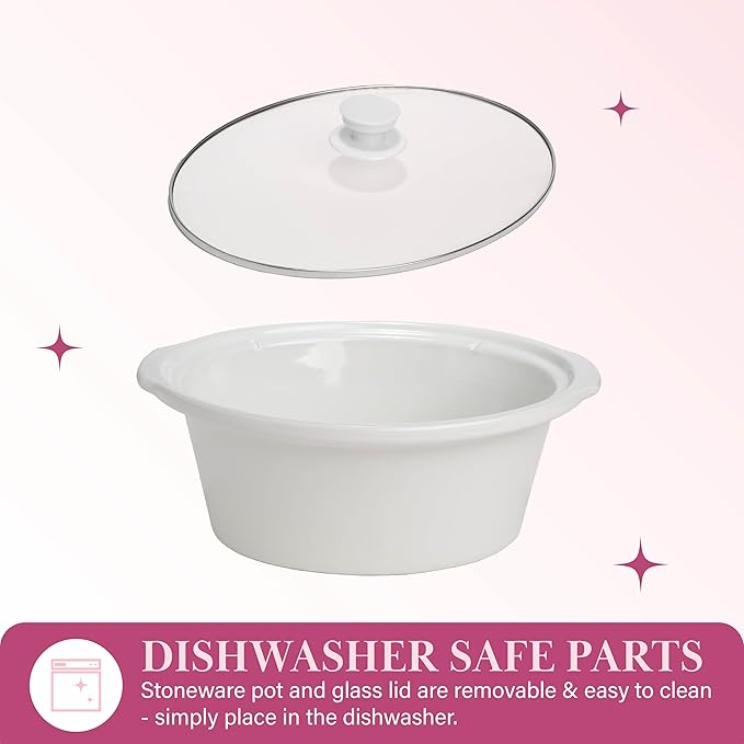 Paris Hilton 6-Quart Manual Slow Cooker, Features Three Settings (Low, High, Warm), Naturally Nonstick and Dishwasher Safe Stoneware Insert, Family Sized Capacity, White
