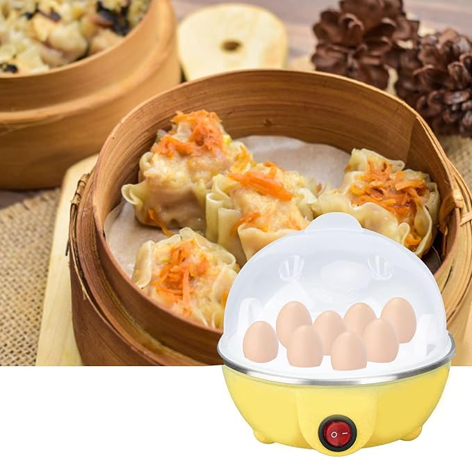 Chicken Egg Cooker Make Up to 7 Large Boiled Eggs Anti Dry Burning Automatic Power Off Egg Poacher with Heating Plate for Hard, Soft & Poached Eggs(Yellow)