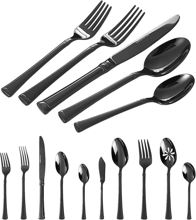 Black Silverware Set, Service for 12, 18/10 Heavy Stainless Steel Flatware with Serving Utensils, Mirror Polished Cutlery Set, Dishwasher Safe